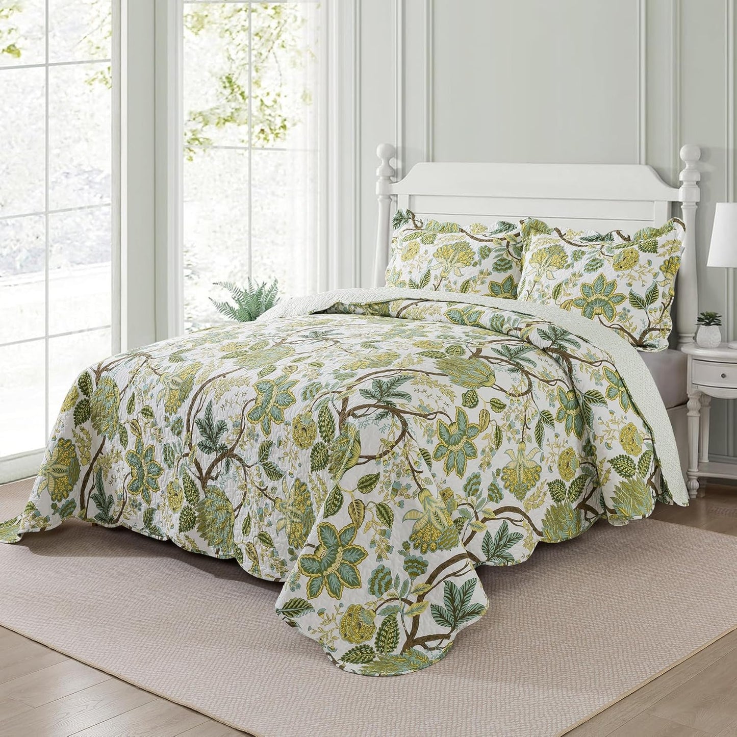 NEWLAKE Cotton Bedspread Quilt Sets - Reversible Patchwork Coverlet Set, Floral Vine Pattern, Queen Size