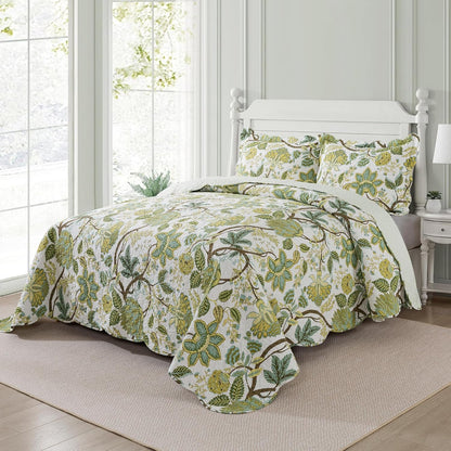 NEWLAKE Cotton Bedspread Quilt Sets - Reversible Patchwork Coverlet Set, Floral Vine Pattern, Queen Size