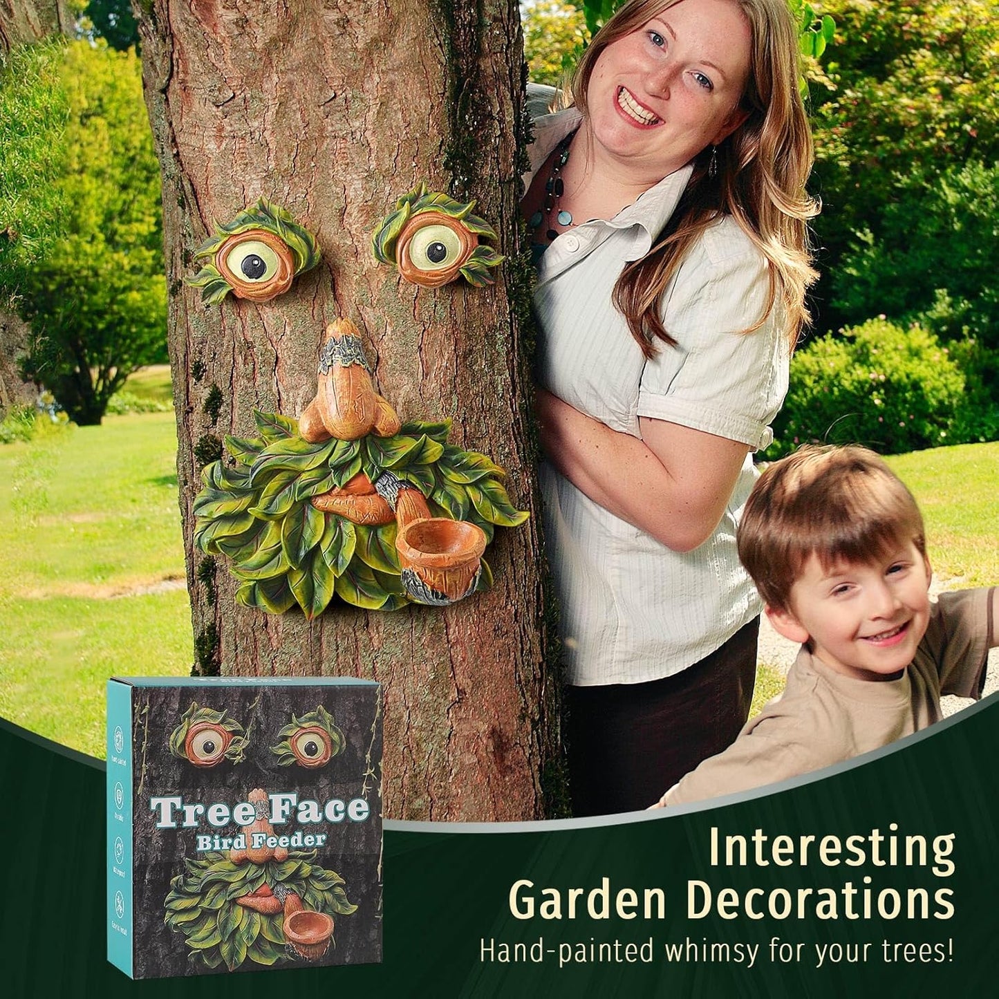 Tree Face Decor Outdoor,Whimsical Outdoor Art with Bird Feeder,Tree Hugger Bark Ghost Face Decoration Funny Yard Art,Garden Creative Decoration (12 INCH)