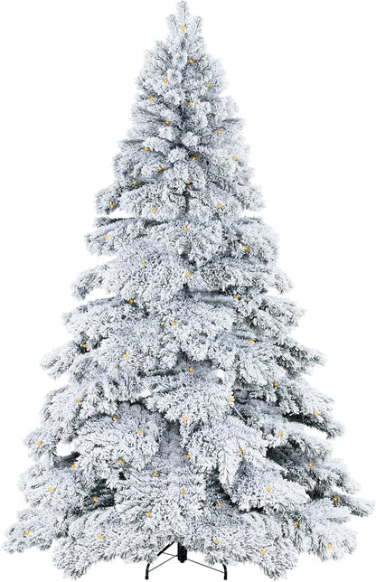 Naomi Home 7.5ft Snow Flocked Christmas Tree with Lights, Realistic Frosted Prelit with 1324 Branch Tips, 650 Warm Lights and Metal Stand, Aritificial Tree