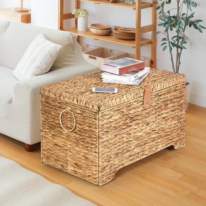 Handwoven Storage Basket with Lid, 165L Wicker Storage Bin, Natural Water Hyacinth, Leather Buckle & Metal Frame, Metal Ring Handles for Easy Transport, Storage Chest & Trunk for Bedroom, Living Room