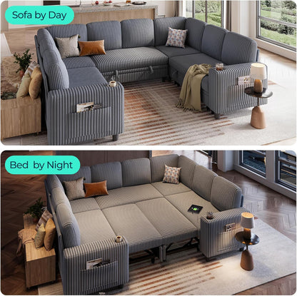 LINSY HOME Sectional Sleeper Sofa with Pull Out Couch Bed - Convertible Plush Corduroy Cloud Couch with Storage Chaise & USB Charging, Comfy Modular Couches for Living Room, Grey