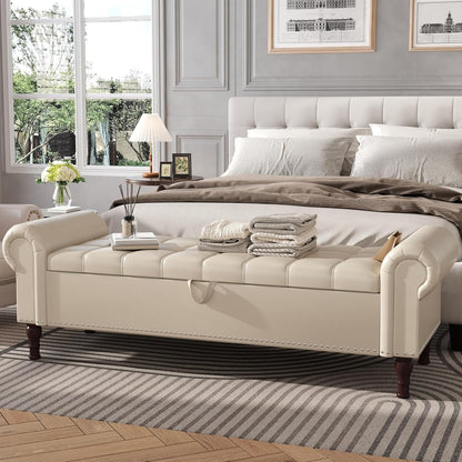 Apicizon 60”Storage Ottoman Bench, Soft Faux Leather Indoor Bench with Rolled Arm and Vintage Rivets, Large Storage Chest for Bedroom, Living Room, Entryway，Beige & Brown Legs