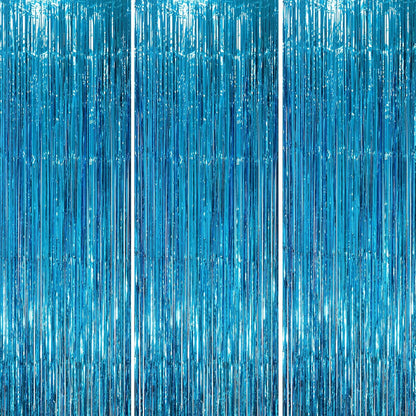 3 Pack 3.3 x 8.2 ft Retro Blue Foil Fringe Backdrop Curtains, Tinsel Streamers Party Decorations, Fringe Backdrop, Door Shimmer for Retro Theme Party