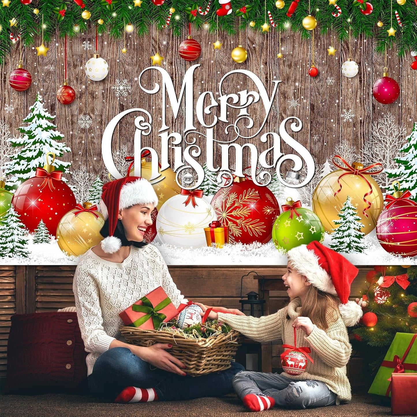 Irenare Christmas Backdrop Merry Christmas Banner Party Decoration Xmas Photography Background Photo Props for Winter Holiday New Year Eve Family Party Decoration Supplies(Large Xmas Ball)