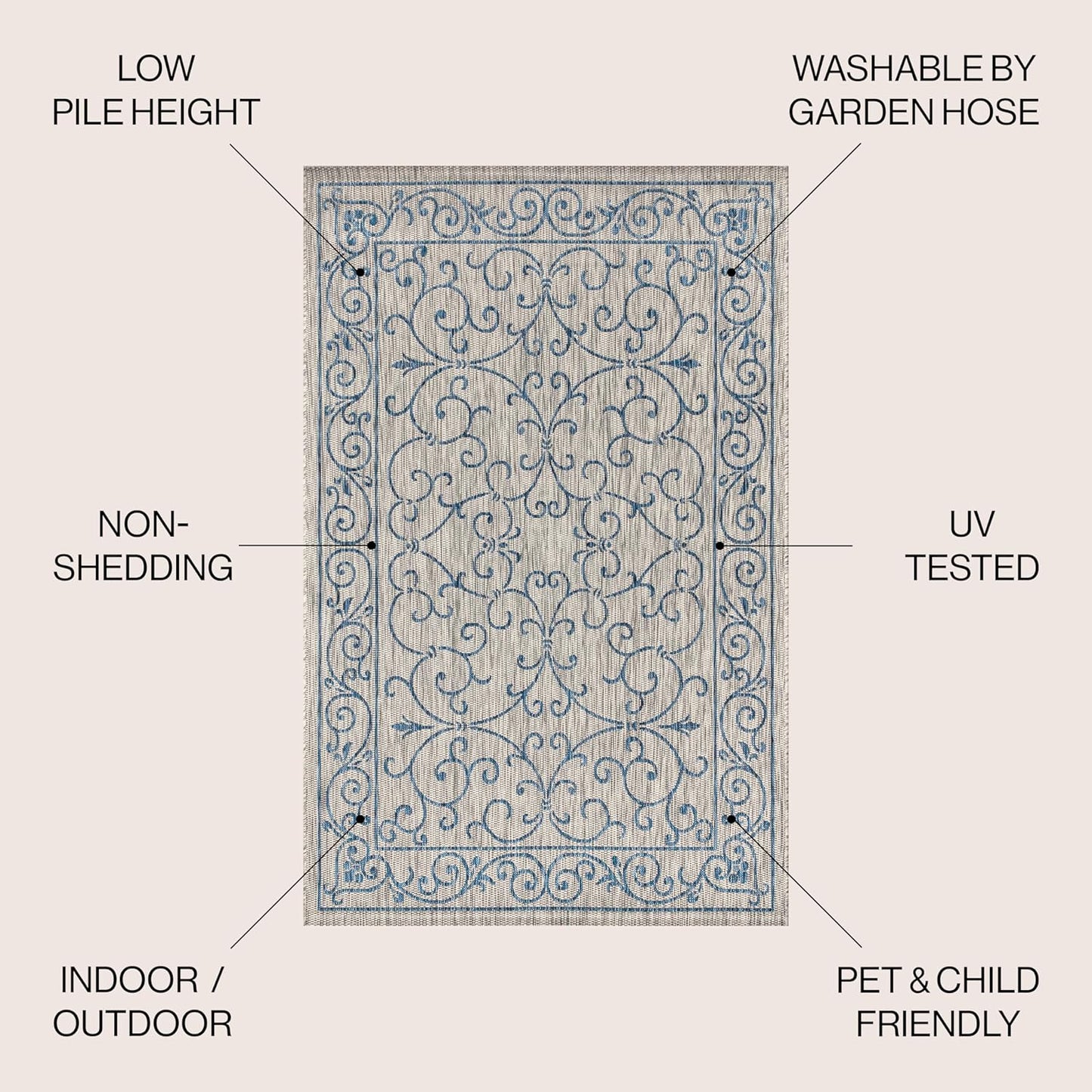 JONATHAN Y Vintage Filigree Indoor Outdoor Square Area Rug 4X4 Gray/Navy, Charleston Textured Weave for Backyard, Patio, Porch, Easy-Cleaning, High Traffic, Pet-Friendly, Non-Shedding (SMB106C-4SQ)