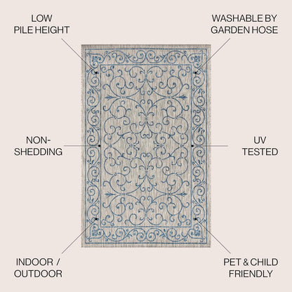 JONATHAN Y Vintage Filigree Indoor Outdoor Square Area Rug 4X4 Gray/Navy, Charleston Textured Weave for Backyard, Patio, Porch, Easy-Cleaning, High Traffic, Pet-Friendly, Non-Shedding (SMB106C-4SQ)