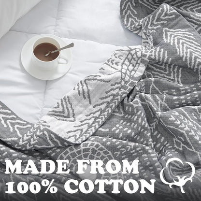 jinchan Boho 100% Cotton Muslin Blanket 3-Layer Queen Size 80x90 Inches Geometric Grey Lightweight Reversible Soft Cozy Comfy Throw for Couch Sofa Bed Large Coverlet Quilt Blanket Bedroom All Seasons