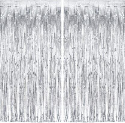 Silver Streamers Metallic Party Backdrop - GREATRIL Foil Fringe Tinsel Curtain for 2026 NYE/Birthdays/Prom/New Years/Graduations/Photo Booth, 8.2ft x 3.2ft - Pack of 2