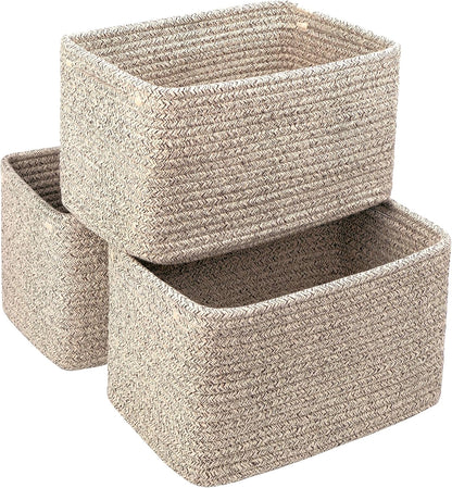 Small Cotton Rope Storage Basket Set of 3-11"x7"x7" Perfect Woven Baskets for Storage, Ideal Storage Baskets for Organizing Toys, Towels, and More - Baskets for Shelves and Home Decor（Beige）