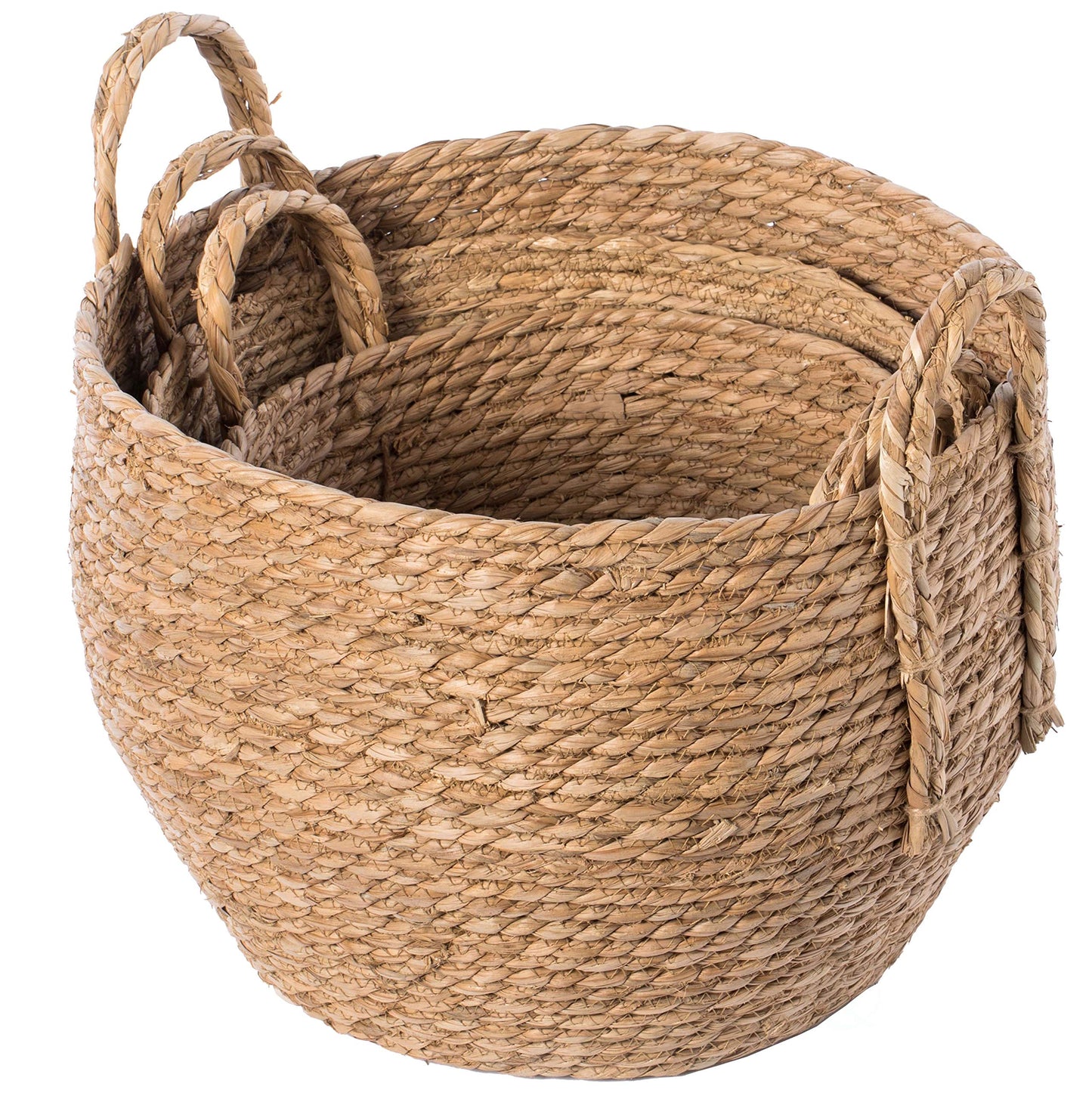 Vintiquewise Decorative Round Wicker Woven Rope Storage Blanket Basket with Braided Handles - Set