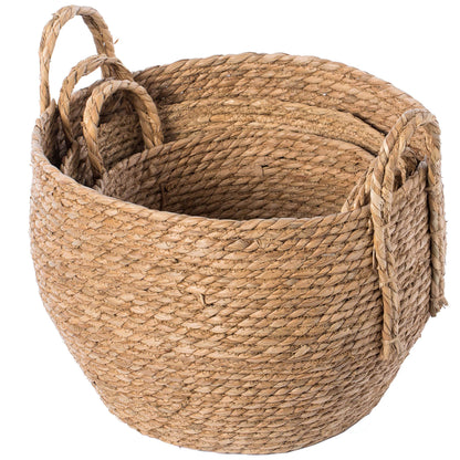 Vintiquewise Decorative Round Wicker Woven Rope Storage Blanket Basket with Braided Handles - Set