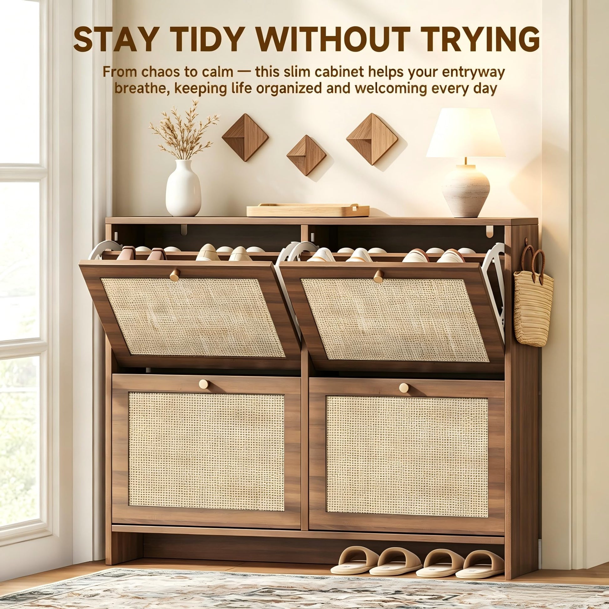 Nicetree Shoe Cabinet Storage for Entryway, 4-Flip Drawer Narrow Shoe Rack with Adjustable Shelves