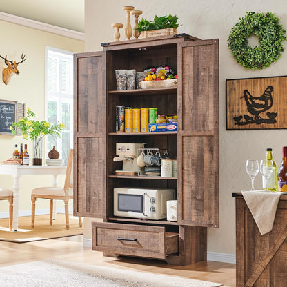 Farmhouse Kitchen Pantry Cabinet - 72" Tall Wood Kitchen Storage Cabinets with Adjustable Shelves & 2 Barn Doors & Drawer, Versatile Storage for Dining Room, Bathroom, Utility Room, Light Brown