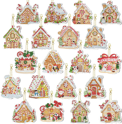 Tondiamo 20 Pcs Christmas Diamond Painting Keychain Kits 5D DIY Diamond Art Pendants Double Sided Hanging Key Chains for Christmas Party Decoration DIY (Gingerbread House)