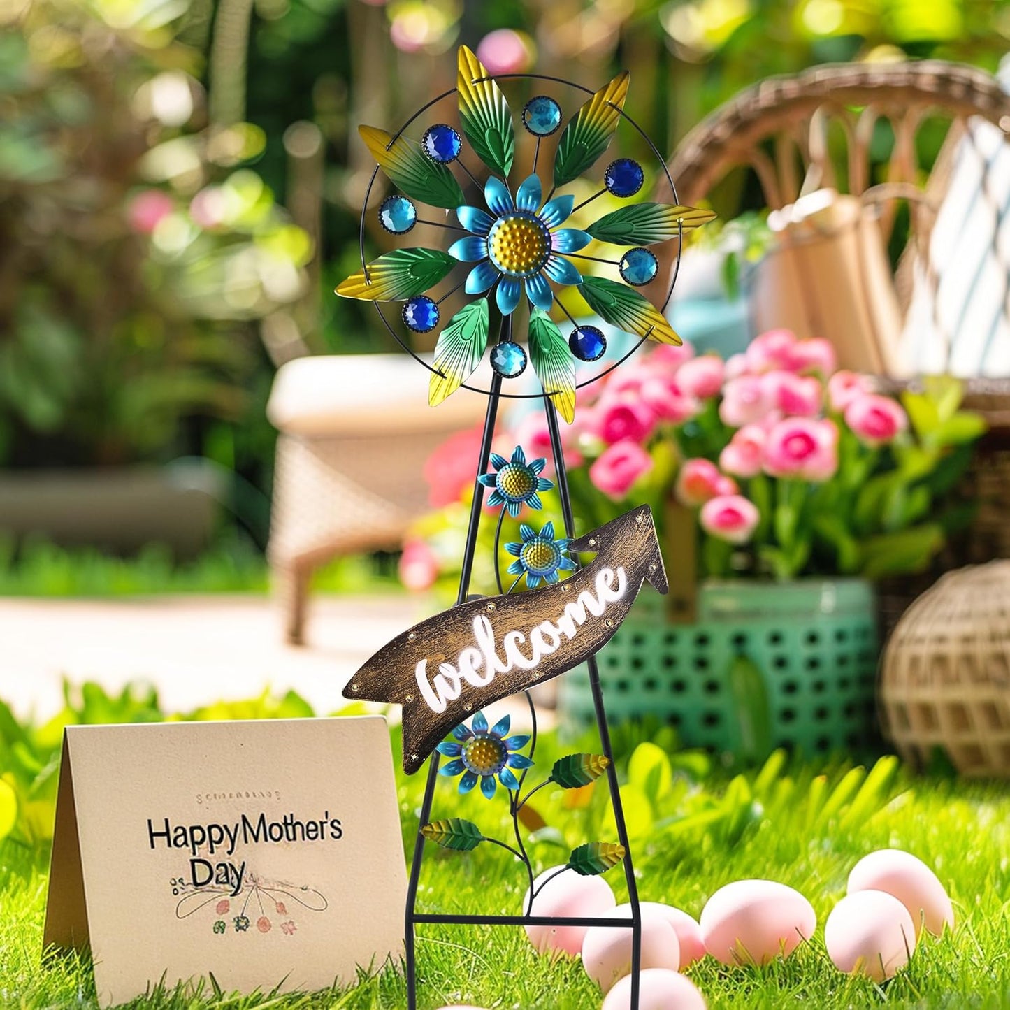 TERESA'S COLLECTIONS Hummingbird Garden Solar Stake, Wind Spinner Yard Art Sign for Outdoor Decor, Metal Purple Floral Windmill Decorative Garden Stake for Lawn Ornaments, Gifts for Mom, 36''