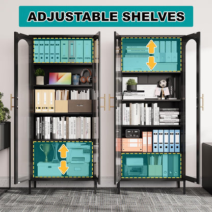 71" Tall Display Cabinet, 5-Tier Bookshelf with Doors & Adjustable Shelf, Modern Storage Cabinets Ideal for Book, Wine, Collectibles, Free Standing Bookcase for Home, Office, Living Room