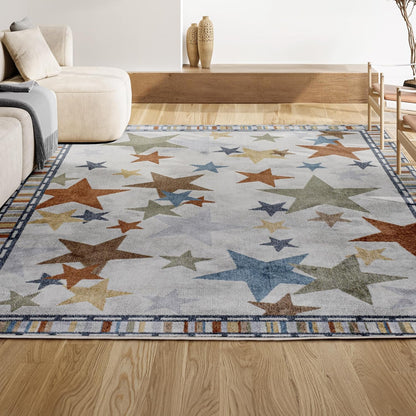 JONATHAN Y Machine-Washable Ivory/Blue/Orange Indoor Area Rug, 4x6, Star Gazer Geometric, Border, Kids & Novelty, Classic, Bedroom, Kitchen, Living Room, Easy-Cleaning, Non-Shedding (KDW100A-4)