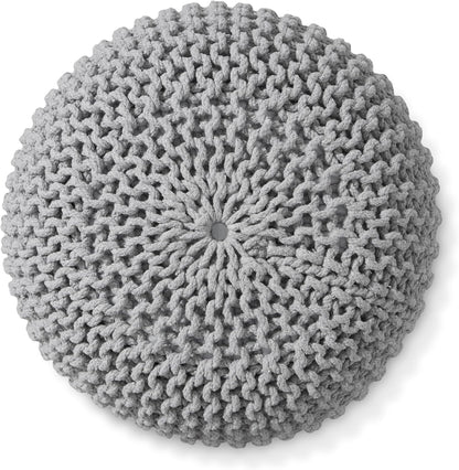 Casafield Round Pouf Ottoman, Light Gray - 20" Diameter x 14.5" High Cotton Knit Foot Stool - Boho Floor Pouffe for Living Room, Bedroom, Home Office