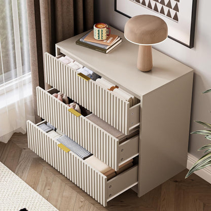 Fluted Dresser for Bedroom, 32 Inch Wide Nightstand with Large Drawer, 3 Drawer End Table for Bedroom, Living Rooms, Offices, and Entryways, Beige