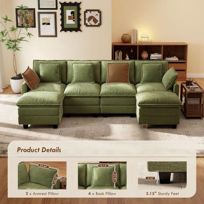 Ihanherry 106" L Shaped Modular Sectional Cloud Sofa, Modern 6 Seat Chenille Couch with Ottoman for Living Room, Bedroom and Apartment, Green