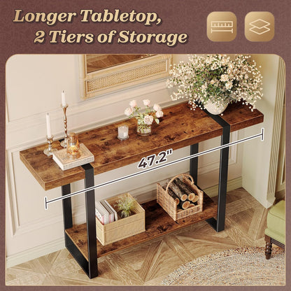 Huuger 47.2 Inch Entryway Table, 2-Tier Industrial Console Sofa Table, Accent Table with Storage, for Entry, Hallway, Entrance, Foyer, T-Shaped Metal Frame, Rustic Brown