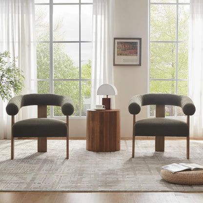 VKNOW Accent Chair Living Room Chair Set of 2, Modern Upholstered Armchair with Solid Wood Legs, Comfy Barrel Arm Chairs for Living Room Bedroom, Sage Green