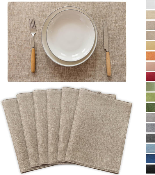 Demetex Linen Placemats Set of 6 Heat Resistant Wipeable Cloth Table Place Mats for Dining Table Indoor Restaurants, 13 x 19 inches, Linen