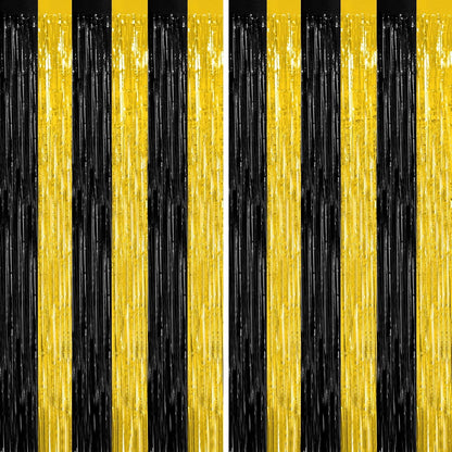 2 Pack Graduation Backdrop, 3.28 FT x 7.05 FT Black and Gold Foil Fringe Curtains, Metallic Foil Curtain Graduation Backdrop, Grad Party Supplies Black and Gold Party Decorations Class of 2025
