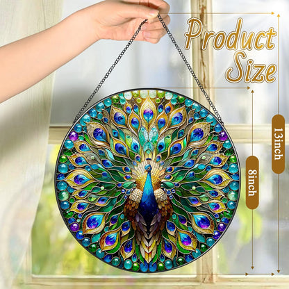 Stained Glass Window Hanging, LAOWEIKI 8'' Peacock Suncatcher, Stained Glass Ornament, Suncatchers for Windows Hanging, Window Decor, Outdoor or Indoor, Gifts for Women, Lovers, Couple, Friend, Bestie