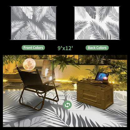 GENIMO Outdoor Rug 9' x 12' Waterproof for Patios Clearance, Reversible Outdoor Plastic Straw Camping Rug Carpet with LED String Light, Area Rugs Mats for RV, Camper, Deck, Balcony, Porch, Grey&White