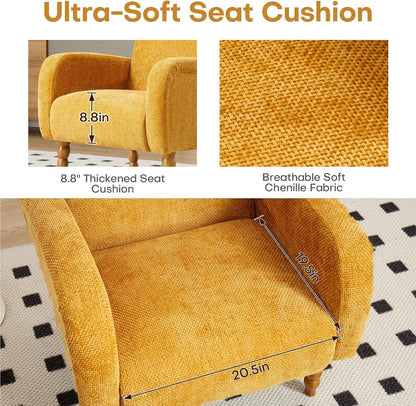 Chenille Fabric Accent Chair, Upholstered Armchair with Solid Wood Legs, Modern Living Room Accent Chair, Comfy Single Sofa Chair Reading Club Chair for Bedroom Reception Lounge, Yellow