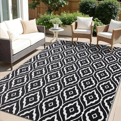 OLANLY Outdoor Rug 6x9 ft Waterproof, Outdoor Plastic Straw Rug with Geometric Pattern Clearance, Reversible RV Mat for Patio, Camping, Balcony, Deck, Backyard, Black & White