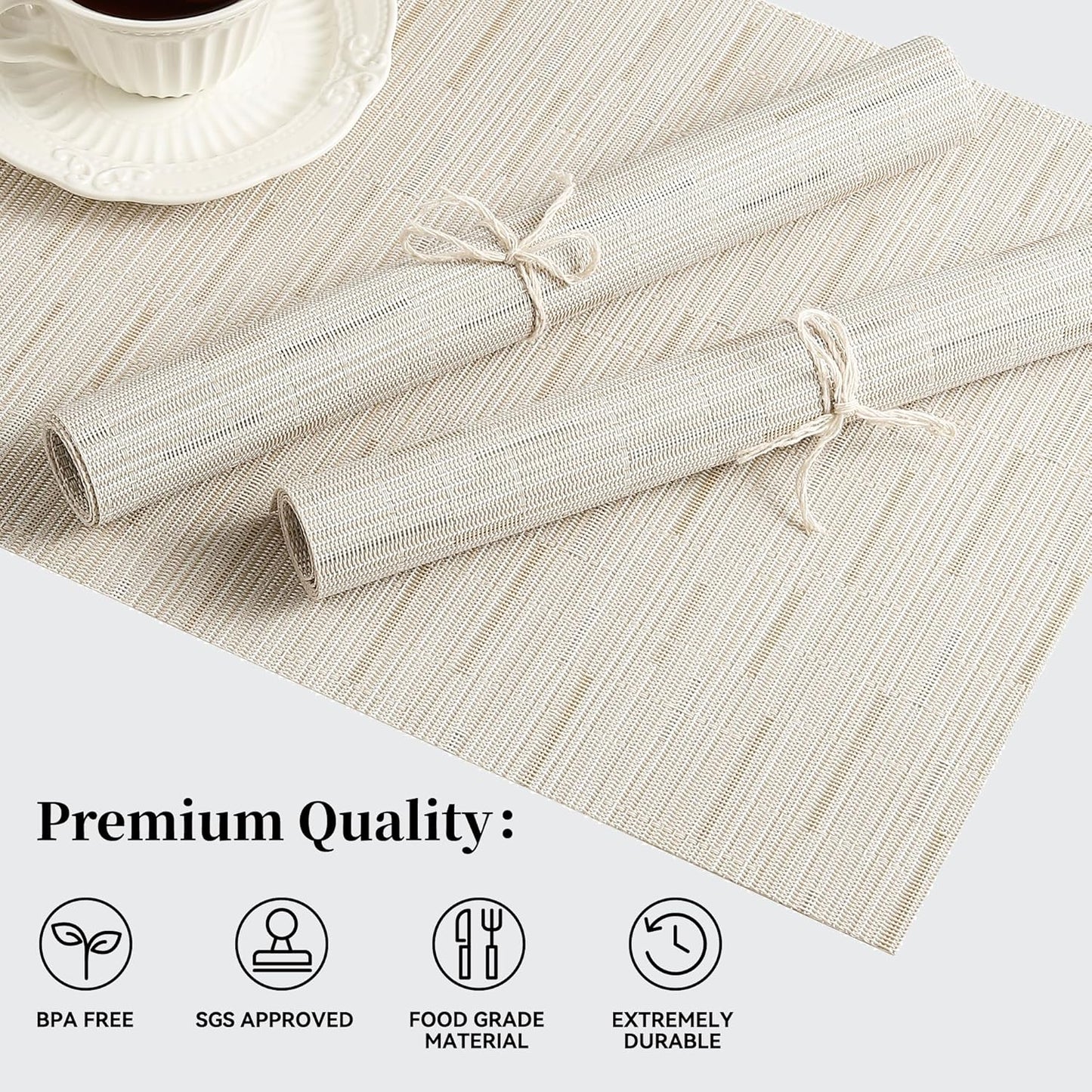 Leetaltree Pale Beige Placemats Set of 8 - Heat Resistant Non-Slip Place mats for Dining Table, Washable Durable PVC Vinyl Woven Table Mats（Pale Beige, 8）