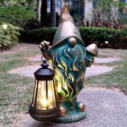 Gnomes Garden Statue Outdoor Décor with Solar Lights Lantern,Gnome Solar Light Figurines Outside Decorations for Yard，Lawn Patio, Balcony, Unique Housewarming Gifts
