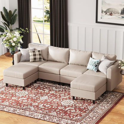 118.5" Oversized Modular Sectional Sofa, Faux Leather 6 Seater U Shaped Couch with Movable Ottoman and Storage Seat with Reversible Chaise Deep Seat for Living Room Whitesand