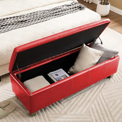 41" Faux Leather Storage Ottoman, Stitch Tufted Rectangle Upholstered End of Bed Storage Bench, Entryway Large Couch Ottoman with Wooden Legs,Red