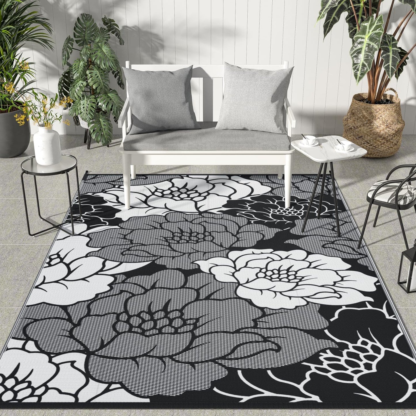GENIMO Outdoor Rug Waterproof for Patio Decor, 9' x 12' Reversible Plastic Straw Floral Camping Carpet, Large Area Rugs Mats for RV, Camper, Deck, Balcony, Porch, Beach, Picnic, Mix-Black & White