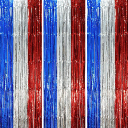 3 Pack 3.3 x 8.2 ft Blue Red Silver Foil Fringe Backdrop Curtains, Tinsel Streamers Party Decorations, Fringe Backdrop, Door Shimmer for Independence Day or Birthday Party