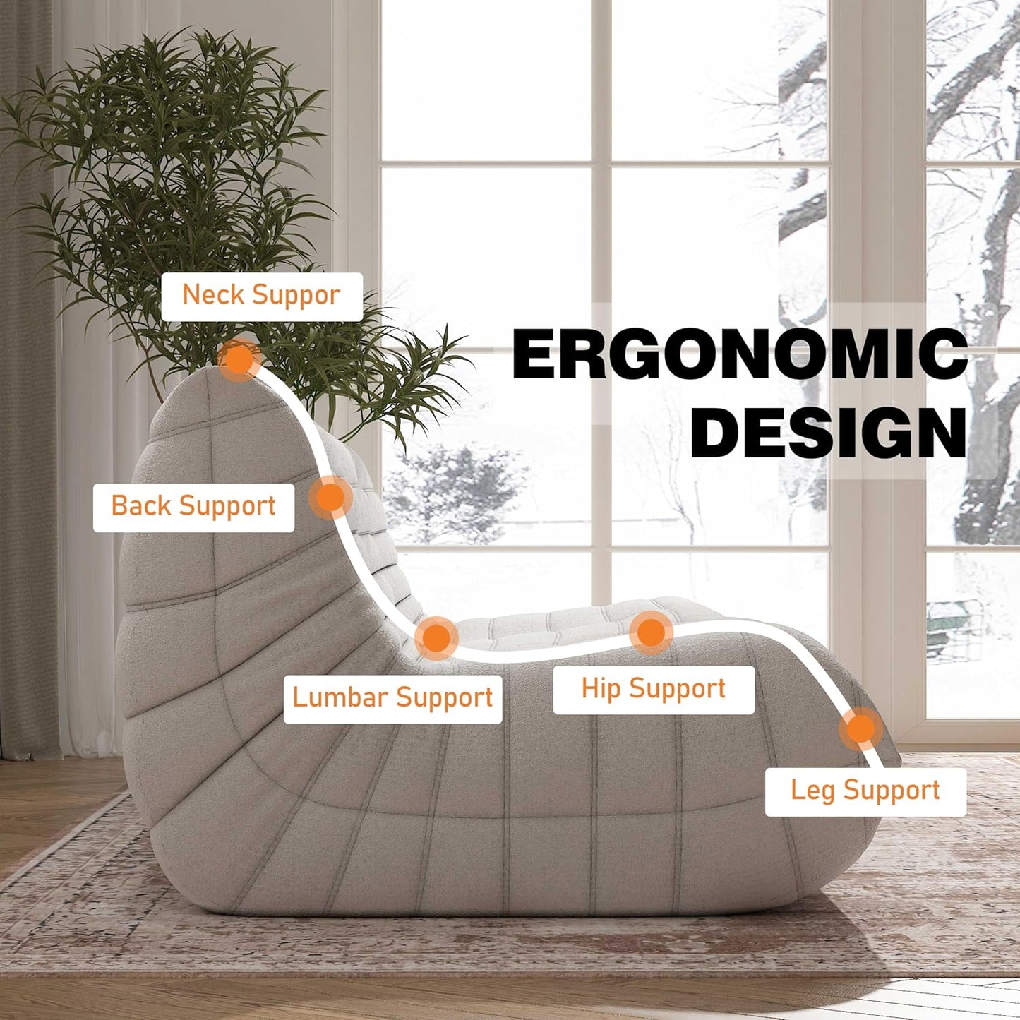 Big Bean Bag Chairs for Adults, 3 Seater Large Bean Bag Chair Sofa, Fireside Chair Lazy Sofa Chair with High Density Comfortable Foam, Modern Bean Bag for Living Room, Bedroom, Office (Beige)