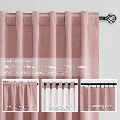 BOODII Pink Linen 100% Blackout Curtains for Bedroom 102 Inch Long 2 Panels Window Curtain Floor to Ceiling Length for Living Room Sliding Glass Door Back Tab Room Darkening Drapes Blush Pink 52x102