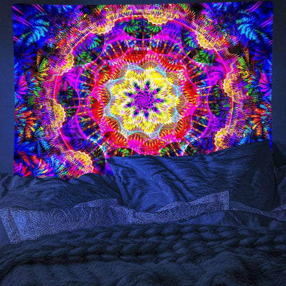 PSYHILAR Blacklight Mandala Tapestry for Bedroom, Psychedelic Black Light Posters for Adults and Teens, Colorful UV Reactive Aesthetic Bohemian Art Wall Hanging Decor (60 x 50 Inches)