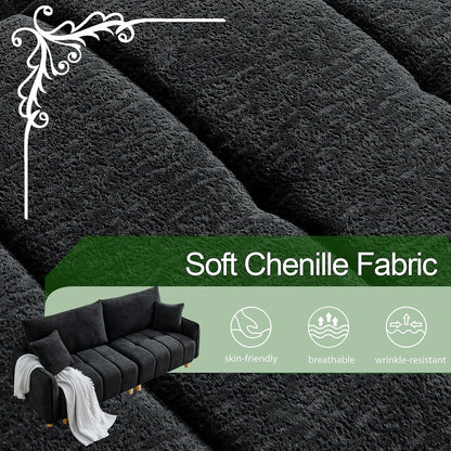 Convertible Sofa Bed, 90" Full Size Sleeper Sofa with Storage, Tufted Chenille 3 Seat Sofa Couches for Living Room, Small Spaces, Guest Room, Apartment, Black