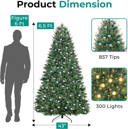 Selena 6.5ft Prelit Artificial Christmas Tree with 857 Branch Tips, 300 Warm Lights and Metal Stand, 43" Wide Realistic Withered Christmas Tree with Lights by Naomi Home