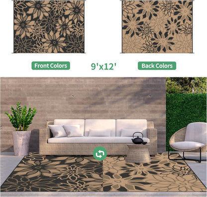 GENIMO Outdoor Rug Waterproof for Patio Decor, 9' x 12' Reversible Plastic Straw Floral Camping Carpet, Large Area Rugs Mats for RV, Camper, Deck, Balcony, Porch, Beach, Picnic, Black & Brown