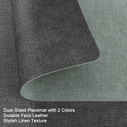 Myir JUN Dual Sided Faux Leather Placemats Set of 8 for Indoor Outdoor Dining Tables, Square Non-Slip Washable Wipeable Table Mats (Gray Sage Green, Set of 8)