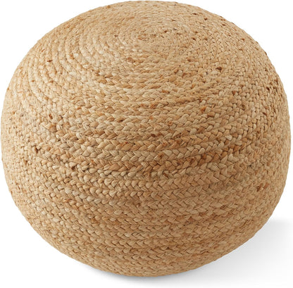 Casafield Hand-Braided Jute Pouf Ottoman Footrest, 19" Round x 10-1/2" High, Natural Woven Boho Floor Cushion, Home Decor for Living Room, Bedroom, Apartment