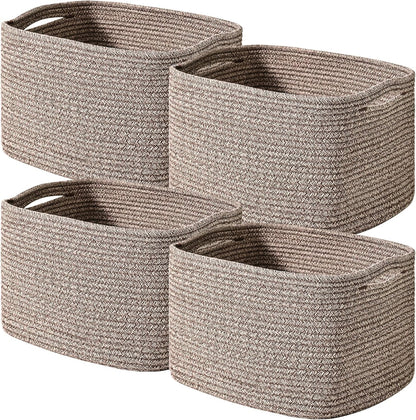 Storage Baskets for Shelves Organizing, Woven Cotton Rope Baskets for Storage, Book Basket, Decorative Shelf Basket, 12.5"Lx9.1''Wx7.9''H (4 Packs) Dark Brown