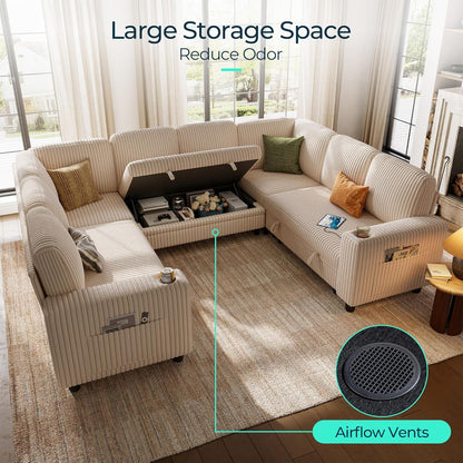 LINSY HOME Sectional Sleeper Sofa with Pull Out Couch Bed - Convertible Plush Corduroy Cloud Couch with Storage Chaise & USB Charging, Comfy Modular Couches for Living Room, Beige