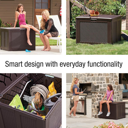 Rubbermaid Medium Resin Outdoor Storage Deck Box (74 Gal) Weather Resistant Brown Deck Organization for Home/Backyard/Pool Chemicals/Toys/Garden Tools/Porch/Patio Cushions